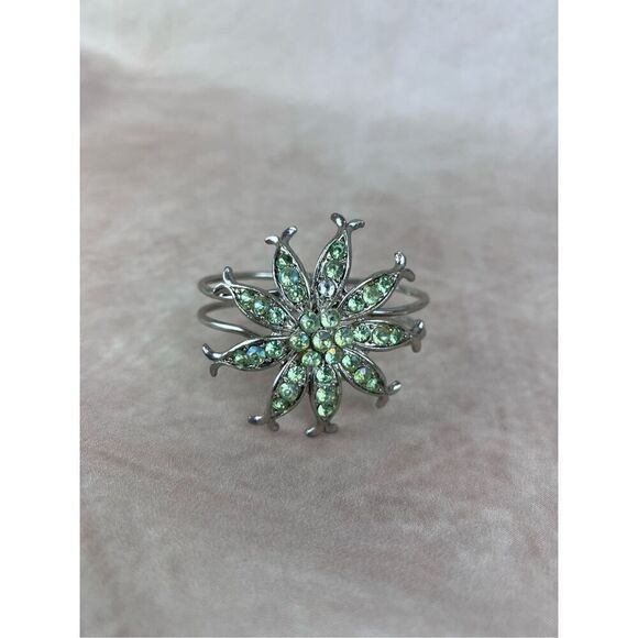 Vintage Hinged Silvertone Bracelet with Green Stones - Picture 1 of 6